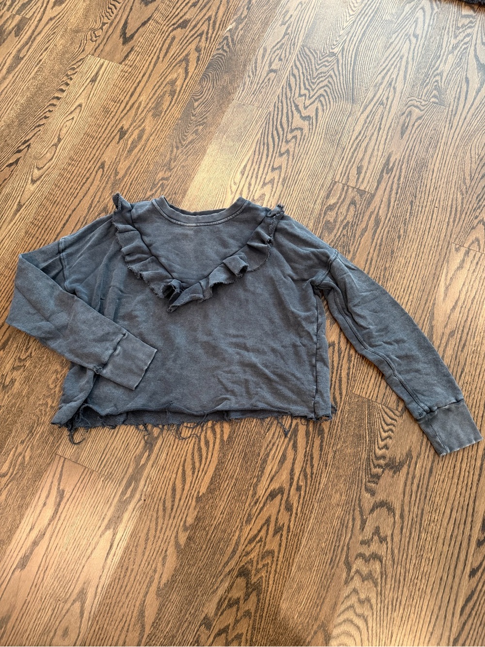 Free People Charcoal Ruffle Distressed Crewneck Sweatshirt